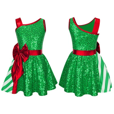 US Girls Santa Claus Costume Candy Cane Dance Unitard Jumpsuit Performance Dress - Image 1 of 2