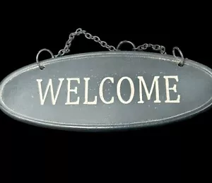 Cast Iron Welcome Sign Slate Blue Felt Feet w Hanging Chain Oval 13 x 5 in - Picture 1 of 7