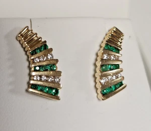 Diamond & Emeralds earrings.  14kt yellow gold channel set earrings - Picture 1 of 15