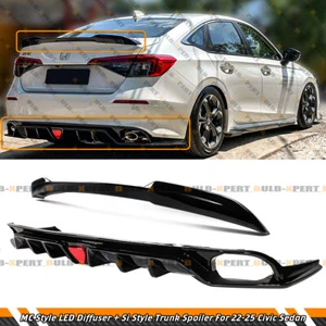 FOR 22-25 Honda Civic MC Style Gloss Black Rear LED Diffuser + Si Trunk Spoiler - Picture 1 of 10