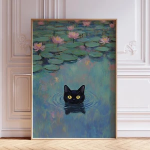 Black Cat in Water Lily Pond Wall Art Print Poster - Picture 1 of 5