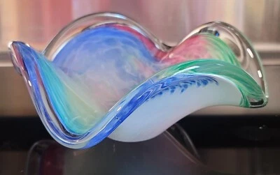 De colección Murano Italiano Arte Abstracto Vidrio Decoración Cuenco Pastel Arco Iris Remolinos Foto 1 de 4
