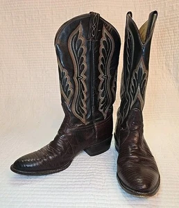Vintage Tony Lama Herren Cowboystiefel 9 1/2 E Exotisch Braun Teju Lizard Gold Label  - Bild 1 von 13