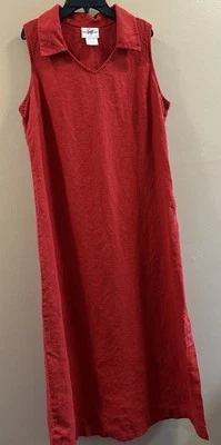 12 Red Maxi Dress Long Linen, Collared Red, Sleeveless, Vented, VTG Studio Ease - Image 1 of 4