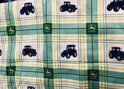 John Deere Tractor Logo Yellow Green White Plaid Print Springs CP 26773 BTFQ - Image 1 of 4
