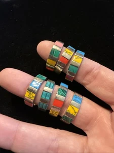 7 Adjustable Enamel Inlay Rings Multicolored Silvertone (Lot# 408) - Picture 1 of 6