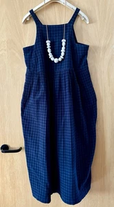 TOAST ARTY LAGENLOOK NAVY TEXTURED COTTON CHECK MIDI PINAFORE DRESS SZ M POCKETS - Picture 1 of 19