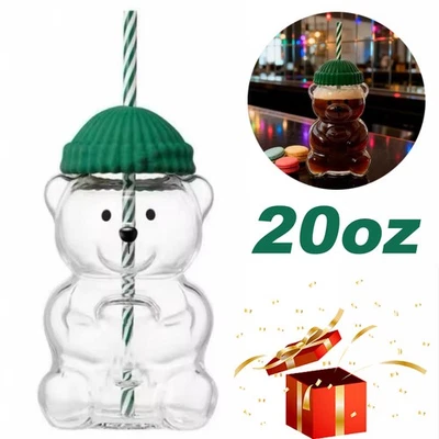 2026 Transparent Glass Bear Cup Green Lid & Straw Cup for Christmas Gift 20oz - Image 1 of 4