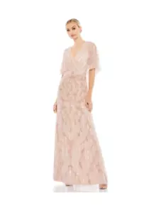 Mac Duggal Embellished Cap Sleeve Faux Wrap Dress, Blush, 9064, Size 12, $275 - Picture 1 of 15