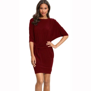 Batwing Sleeves Crewneck Jersey Party Day Night Cocktail Evening Dress Burgundy - Picture 1 of 3
