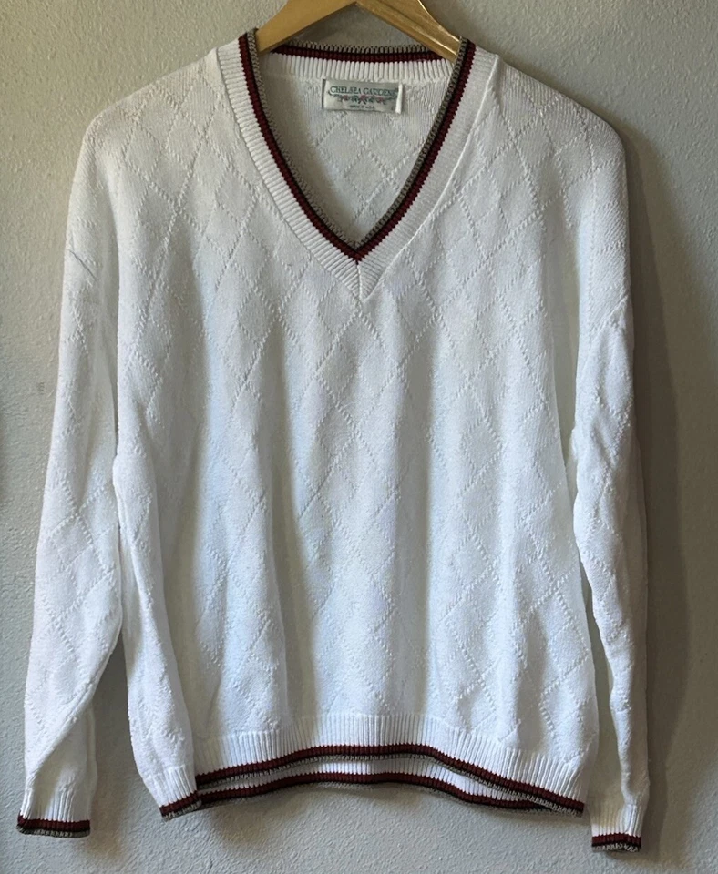 VTG Chelsea Gardens Cotton Sweater White W/ Striping Preppy Tennis Old Money L - Image 1 of 4