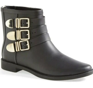 Loeffler Randall 6 Rain Bootie Fenton Black & Gold Buckles MRSP 195.00 - Picture 1 of 6