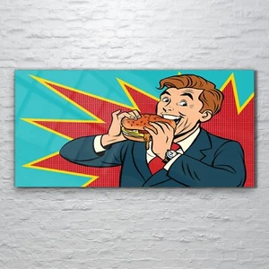 Glasbilder Wandbild Druck auf Glas 120x60 Foto Pop-Art Mann isst einen Burger - Bild 1 von 7