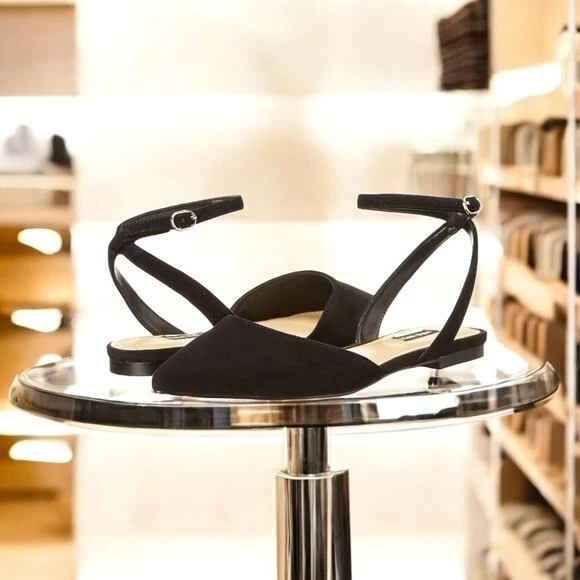 Nine West Briy Black Suede Flats Women’s Ankle Strap Pointed Toe Size 6 - Image 1 of 4