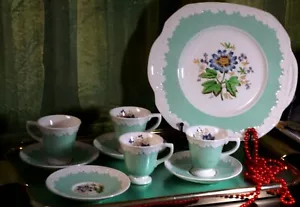 Art Deco Wedgwood Hampton Corinthian 1930' Green Rim Coffee set and cake plate - Picture 1 of 12
