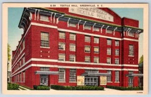 GREENVILLE SC TEXTILE HALL BUILDING ASHVILLE POSTCARD COMPANY LINEN CARD - Picture 1 of 2