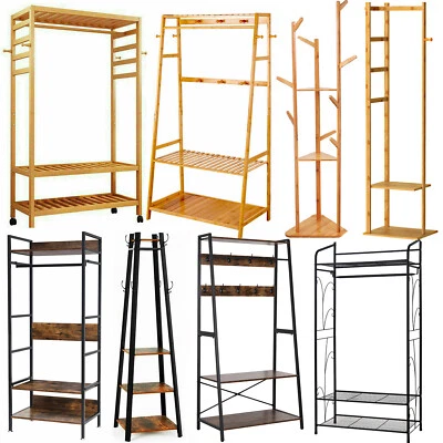 Garderobenständer Holz Kleiderständer Metall Garderobe mit Schuhregal auf Rollen - Bild 1 von 4