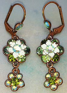 Michal Negrin Earrings Green Flowers Swarovski Crystal Rhinestones Dangle Drop
