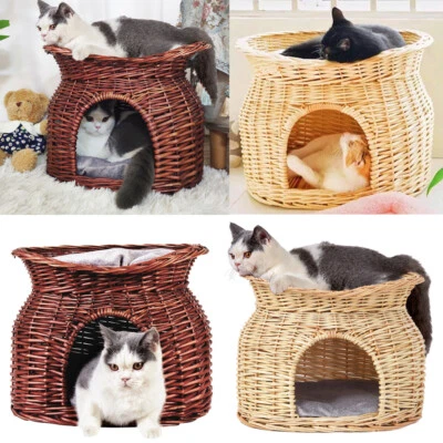 BINGOPAW Wicker Rattan Elevated Cat House Double Layers Kitten Basket Pet Bed W/ Cushion