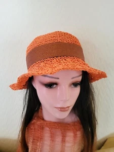 Handmade Crochet Ladies Summer Hat Brim Flower Ribbon Raffia Orange Medium  - Picture 1 of 12