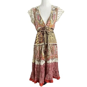 Retro 70s Bohemian Hippie Indian Cotton Lace Printed Midi Dress Medium Plunge - Bild 1 von 8