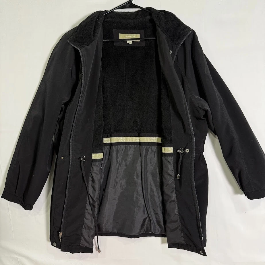 Chaqueta Parka Liz Claiborne Mujer Cremallera Botón a Presión Abrigo Impermeable Negro L Foto 1 de 4