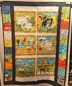 Handmade Farm Animal Baby Quilt - Machine Quilted Flannel Backed - Picture 1 of 8