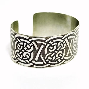 Vintage Celtic Knot Cuff Bracelet Wide Silver Tone Metal Bangle Boho Jewellery - Imagen 1 de 7