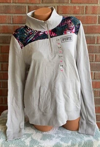 Victoria's Secret PINK Quarter Zip Pullover Sweatshirt sz Medium Gray Leaves ๐ - Picture 1 of 2