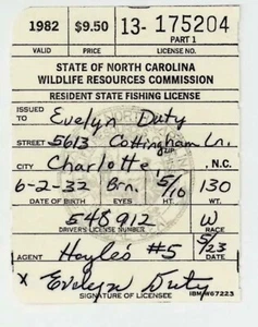 Vintage 1982 Charlotte North Carolina Fishing License #R225 - Picture 1 of 2