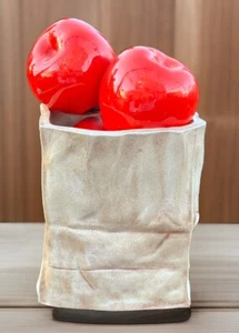 Ceramic Red Apples Brown Bag Sack Kitchen Farmstand Pottery Art Fruit Signed - Picture 1 of 9