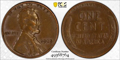 1958 Lincoln Wheat Penny 1 C PCGS AU 50 BN Errors Beautiful L On Rim - Image 1 of 4