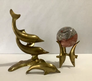 Lot 3 VTG Solid Brass Swimming Pairs Dolphins Nautical Ball Stand & Sculpture - Picture 1 of 12