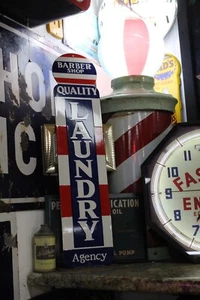 RARE BARBER SHOP LAUNDRY PORCELAIN METAL SIGN RED WHITE BLUE HAIRCUT POLE MARVY - Picture 1 of 19