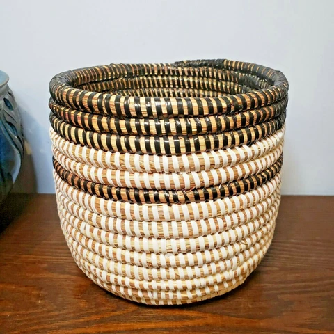 Handwoven Black White Coil Straw Basket Cylinder 5.5" Planter Cover