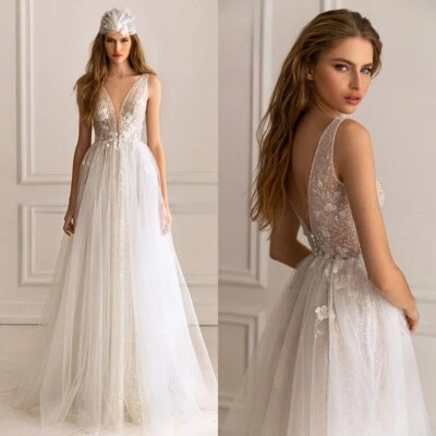 Sexy A-Line Wedding Dresses Deep V-Neck Sleeveless Lace Appliques Bridal Gowns - Image 1 of 4