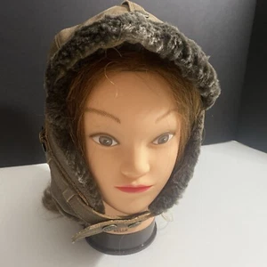 Vintage braun Cote Cuir Leder Lammfell Schaffell Fliegermütze Trapper Kappe Größe 7 Medium - Bild 1 von 13