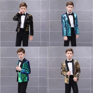 Boys Kids Children Reversible Two Tone Glitter Sequin Suit Jacket Blazer - Picture 1 of 16