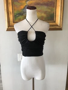 ZARA Women's Black Ruche Gathered Smocked Bralette V-Neck Halter Top Size S - Picture 1 of 4