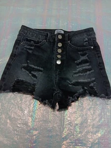 Simple Society Womens Black 3 Cotton Jean Cutt-Off Shorts Distressed Button Fly - Picture 1 of 9