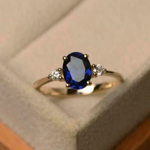 Anello di fidanzamento in argento sterling 925 placcato oro zaffiro blu 4,25 ... - Foto 1 di 4