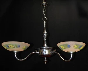 Rare 1940s French art deco chrome plated 3-branch chandelier hand moulded shades - Picture 1 of 16