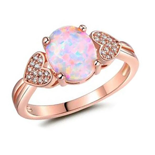 Anillo de lujo lleno de oro rosa con corazón pavé de circonita cúbica y ópalo ovalado Foto 1 de 1