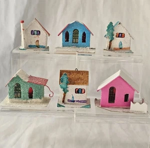 6 Christmas House Ornaments Cardboard Red Green White Feather Tree Japan #774 - Picture 1 of 3