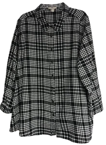 Woman Within 2X 26/28 Plaid Flannel Shirt Black White Plaid Button Down Collar - Picture 1 of 12