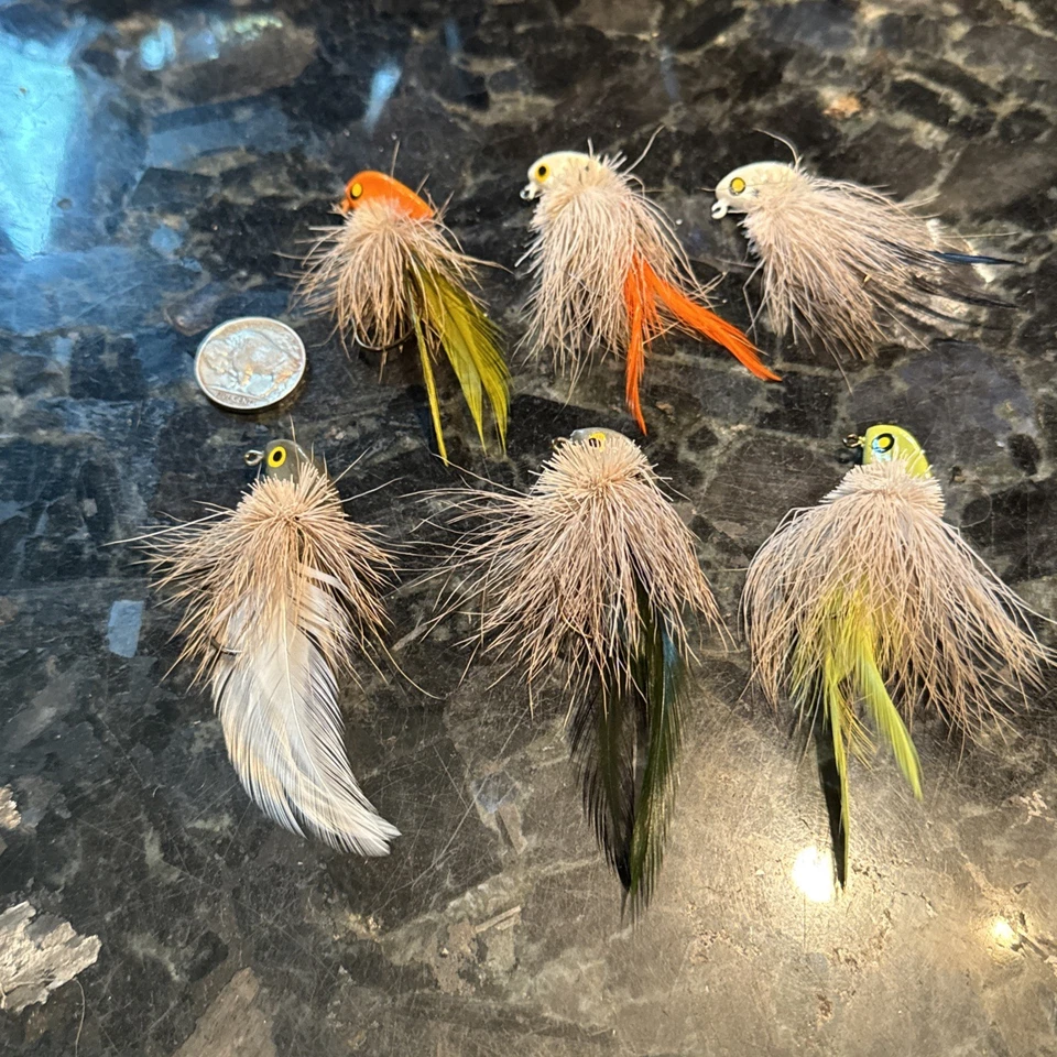 Lot of 6 Vintage Feather BIRDS with Heads 3"+ Fishing Lures w/ Hooks EUC NICE - Image 1 of 4