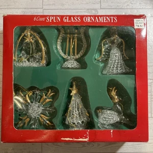 Vintage 1990’s 6 Count Spun Glass Christmas Ornaments New Open Box Gold Trim - Picture 1 of 7