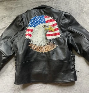 Echtleder Herren 48 Motorrad Jacke schwarz Custom handbemalt Adler - Bild 1 von 17