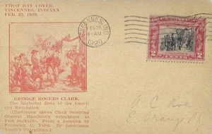 1929 FDC, #651, 2c George Rogers Clark, A. C. Roessler P-11c en cartulina - Imagen 1 de 2