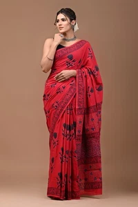 Sari y blusa india estampada a mano de algodón puro sari de diseñador de Bollywood para mujer - Imagen 1 de 3